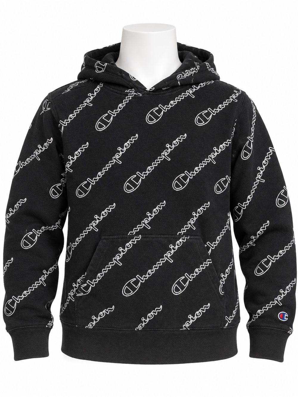 Champion Boys Medium Black Allover Logo Pullover Hoodie